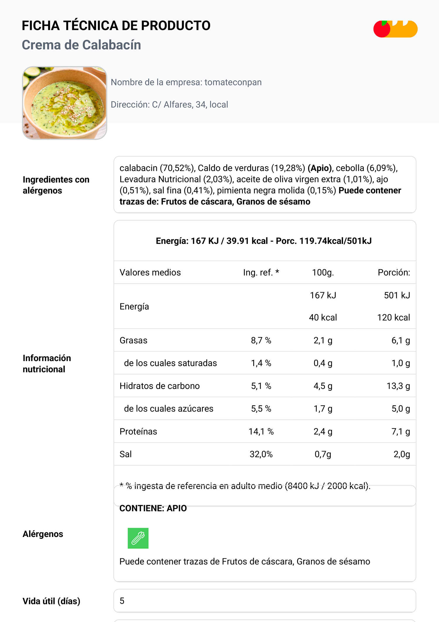 ficha tecnica crema de calabacin